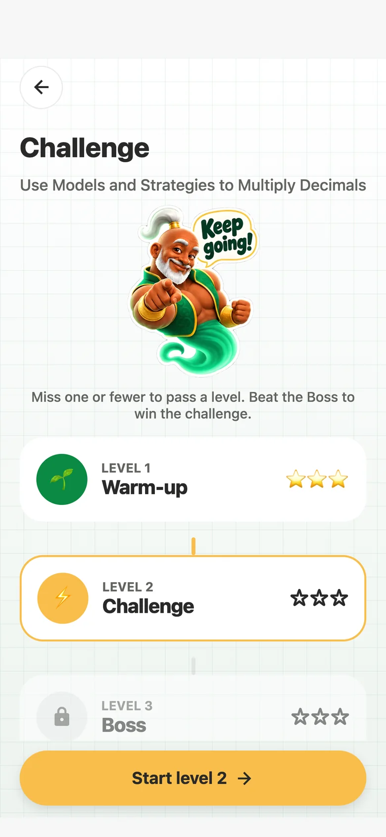 Challenge map with Warm-up, Challenge and Boss levels and earned stars
