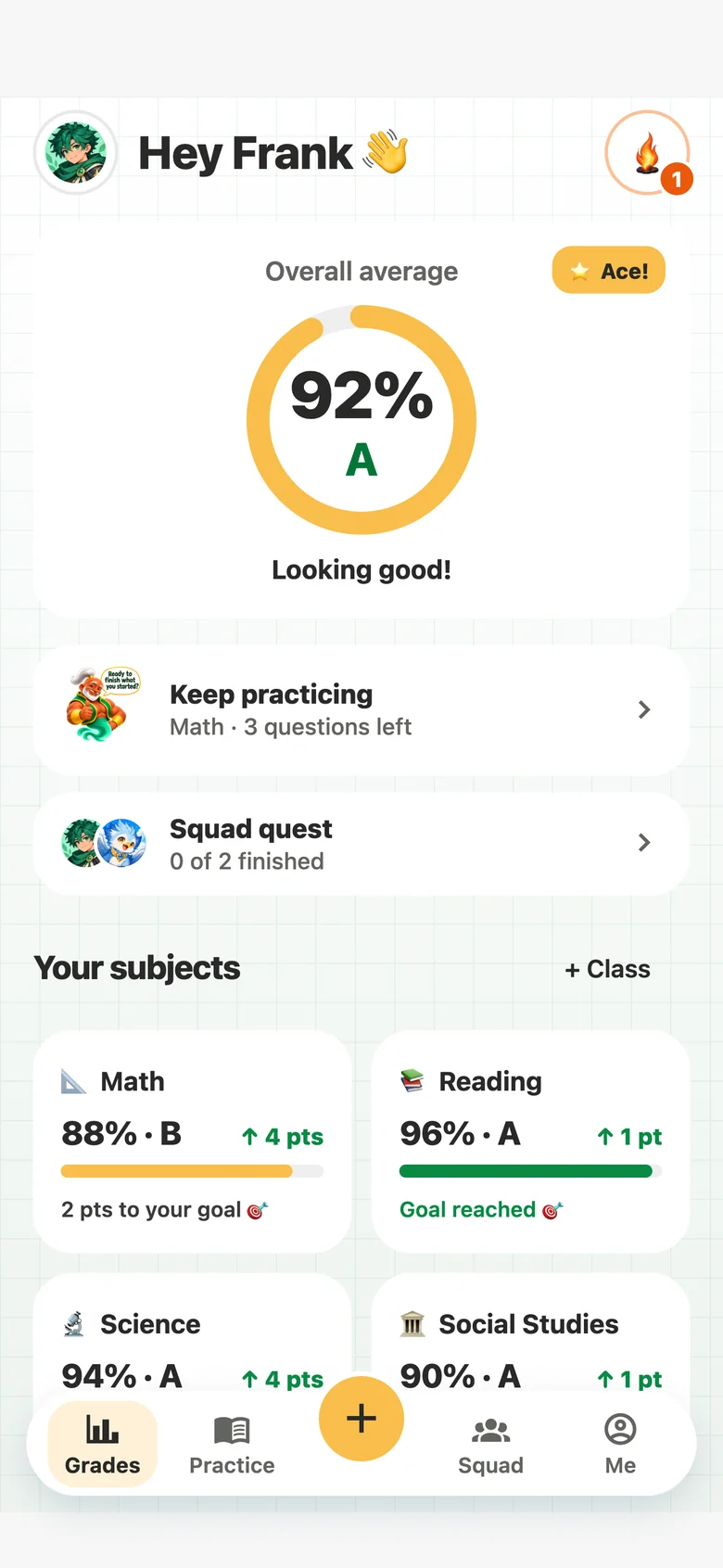 Grade Ace Grades screen: overall average 92% A, and Math, Reading, Science and Social Studies with progress toward each goal