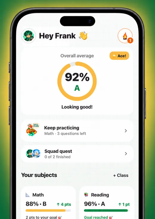 Grades screen on an iPhone: a 92% A overall, with Math, Reading, Science and Social Studies each showing a grade and points to goal