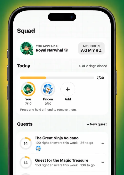 Squad screen: you appear as Royal Narwhal, today's rings for you and a friend, and squad quests in progress